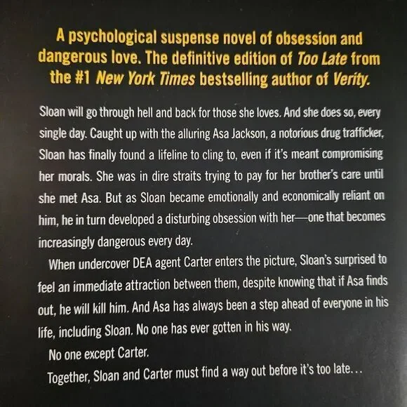 4 for $50 🎃 Too Late by Colleen Hoover Paperback Novel Suspenseful Romance - Picture 5 of 6